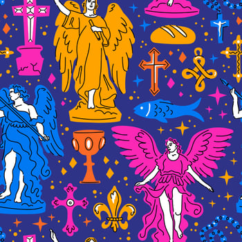 Christianity religion seamless pattern background. Angel statue, Christian cross, crucifix, rosary, cup, grail, bread, tombstone, fish, star. Modern simple design. Editable background color vector