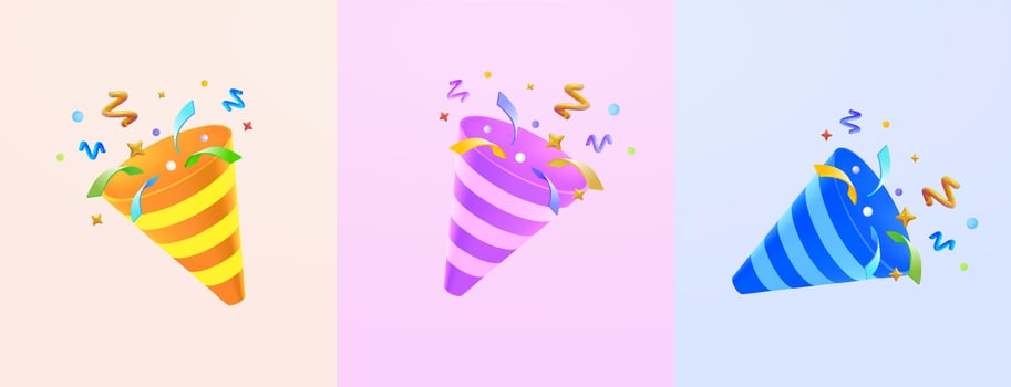 3D Party Popper with Confetti Isolated on Background. Colorful Firecracker Elements in Various Shapes. Party, Holyday Surprise or Birthday Events. 3D Illustration. vector