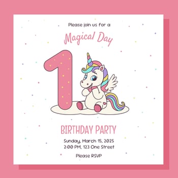 Birthday party invitation card with unicorn and birthday anniversary number. Unicorn concept. vector
