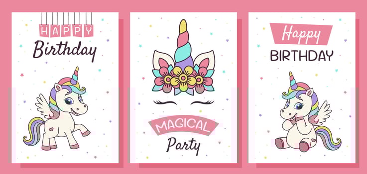 Unicorn set of birthday posters, greeting cards, postcards. Posters with magic elements and unicorns. Birthday party, celebration, congratulations, invitation concept. vector