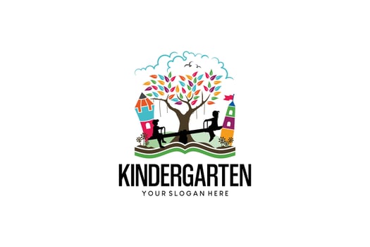 illustration of kindergarten logo design with seesaw swing, colorful playground for education vector