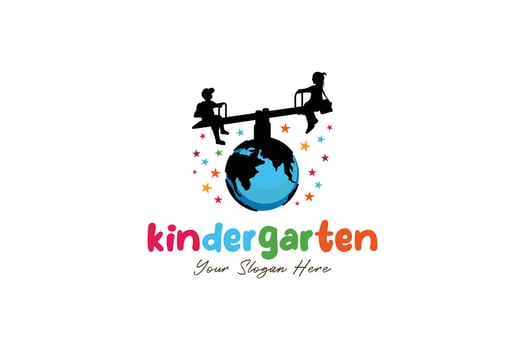 Illustration of a kindergarten logo design with a seesaw swinging above the earth for education vector