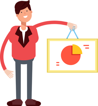 Businessman in Red Suit Character Holding Pie Chart Signage png