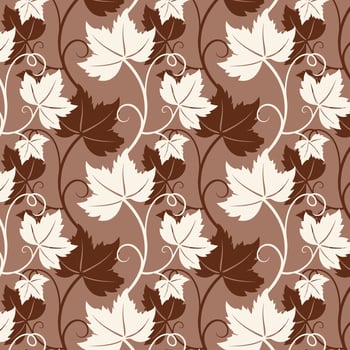 Grape vine with leaves pattern, brown chocolate and white vine silhouette on mocha mousse background. vector