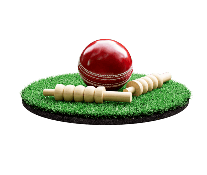 Red Leather Stitched Test Cricket Ball With Two Wicket Bails On Grass Ground Field, 3D Illustration png