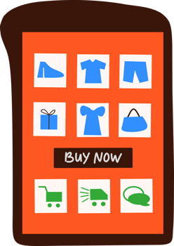 Illustration of the choice of goods in the marketplace with the buy now button on the smartphone screen png