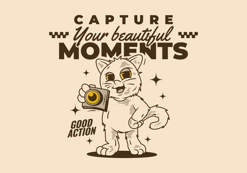 Capture your beautiful moment. Mascot character of a standing cat holding a old pocket camera vector