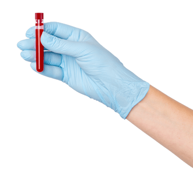 Hand in medical gloves holding a test tube with blood on an empty background. laboratory analysis, healthcare diagnostics. png