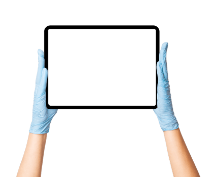 Hands in medical gloves holding an electronic tablet on an empty background. png