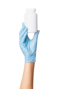 Hand in medical white jar with tablets or capsules on an empty background. Medication storage, pharmaceutical packaging, healthcare. png