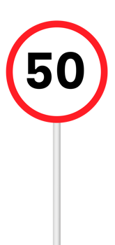 Speed limit sign 50 on a blank background with a white pole. Suitable for traffic regulation, road safety, or signage projects. png