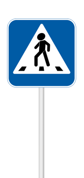 Pedestrian crossing sign on a blank background with a white pole. Suitable for traffic, urban planning, or public safety designs. png