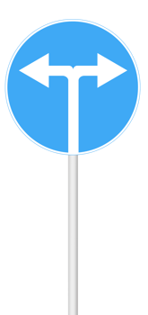 Sign with arrows left and right on a blank background with a white pole. For navigation or crossroads. png