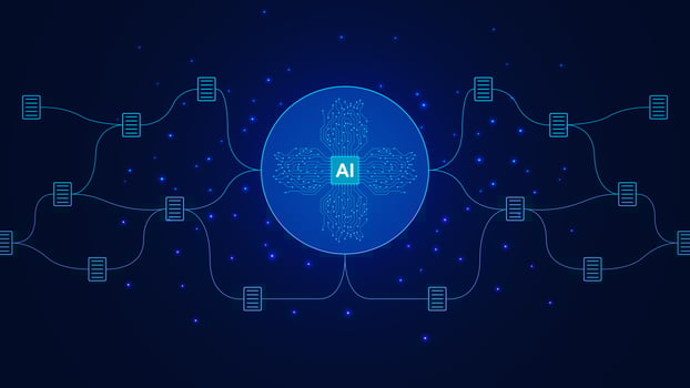 AI powered software concept with futuristic microchip and document connections. Digital technology to improve business management organizing information from large amounts of data background vector