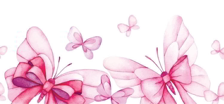 watercolor seamless border with butterflies with pink bows and ribbons. festive frame on white background vector