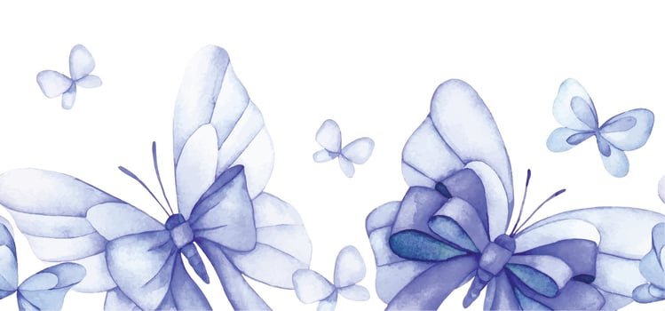 watercolor seamless border with butterflies with blue bows and ribbons. festive frame on white background vector