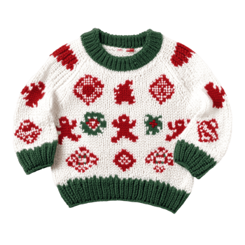 Festive holiday sweater with green trim and red snowflake patterns, reflecting Christmas spirit and warm seasonal vibes. png