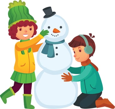 Two joyful children, bundled in colorful winter clothes, happily building a large snowman adorned with a carrot nose, a stylish top hat, and a cozy scarf in the snowy outdoors vector