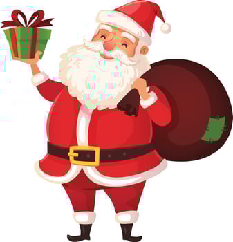 Santa claus, smiling joyfully, holds a colorful christmas gift and a bag filled with presents, preparing to spread holiday cheer and celebrate the magic of the season vector