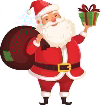 Jolly santa claus is carrying a large sack full of gifts over his shoulder and holding a wrapped christmas present, ready to deliver joy and festive cheer vector