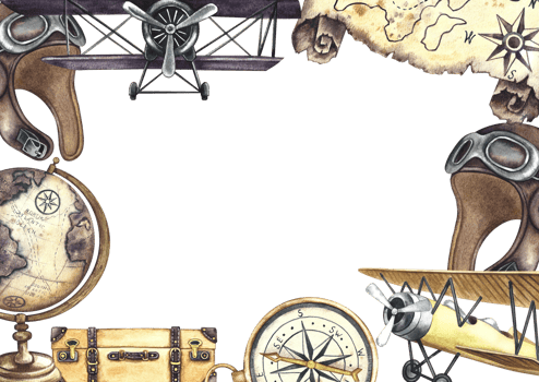 A frame with an image of vintage retro airplanes, a pilot's helmet, a compass and a globe. A watercolor illustration made by hand. Vintage traveler's postcard. For banners, flyers, poster and postcard png