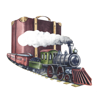 Traveling by train. A retro steam locomotive and a suitcase. Watercolor illustration, handmade in vintage style. For banners, flyers, posters. For prints, stickers, postcards and tickets. png