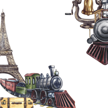 The train leaving the Eiffel tower. Vintage moving retro steam locomotive. A watercolor illustration made by hand. Isolate it. For banners, flyers, posters. For prints, stickers, postcards and ticket. png