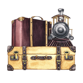Traveling by train. A retro steam locomotive on a suitcase. Handmade watercolor illustration in vintage style. For banners, flyers, posters. For prints, stickers, postcards and tickets. png