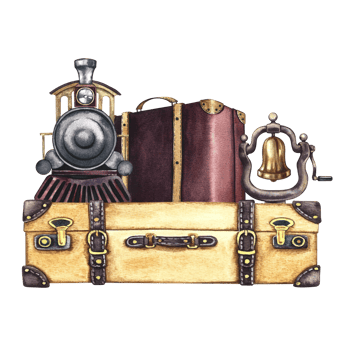 Traveling by train. A retro steam locomotive on a suitcase and a steam locomotive bell. Handmade watercolor illustration in vintage style. For banners, flyers, posters. For prints, stickers, postcards png