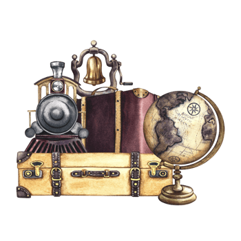 Traveling by train. A retro steam locomotive on a suitcase, a steam locomotive bell and a globe. Handmade watercolor illustration in vintage style. For banners, posters, stickers, postcards and ticket png