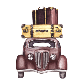 Vintage retro car with suitcases, front view. A watercolor illustration made by hand. Isolate. Traveling in a retro car. For posters, prints, stickers and postcards. png