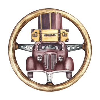 Vintage car with suitcases and retro steering wheel. A watercolor illustration made by hand. Retro travel by car. Isolate. For banners, flyers, posters. For prints, stickers, postcards and badges. png
