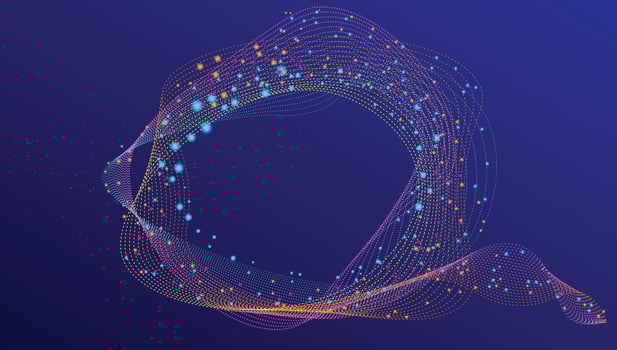 Flowing glowing dots particle, wave frame. Halftone gradient curve round shape isolated on blue background. vector