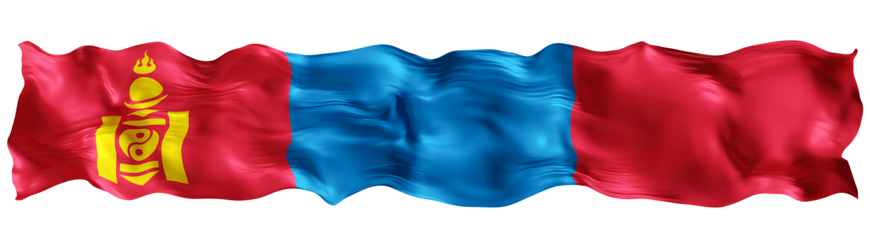 Stylized flag of Mongolia waving in the wind on transparent background. Footer, header or divider. Cut out wide, panoramic element. Banner for patriotic themes or national event promotions. 3D. png
