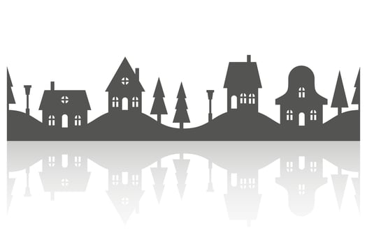 Silhouette of neighborhood small houses. Homes and buildings on skyline. Christmas town and village on white background. Row of cottages on the street with fir trees. Seamless border with reflection vector
