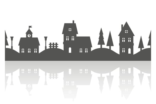 Silhouette of neighborhood houses. Small homes and buildings on skyline. Christmas town and village on white background. Row of cottages on the street with fir trees and shadow. Seamless border vector