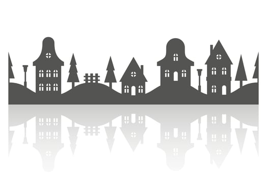 Silhouette of neighborhood houses. Small homes and buildings on skyline. Christmas town and village on white background. Row of cottages on the street with fir trees. Seamless border with reflection. vector