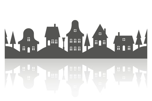 Silhouette of neighborhood houses. Small homes and buildings on skyline. Christmas town and village on white background. Row of cottages on the street with fir trees. Seamless border with reflection vector