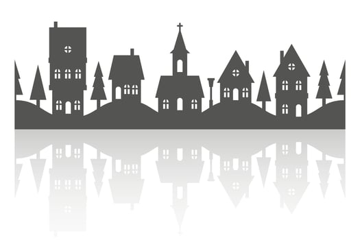 Silhouette of neighborhood houses. Small homes and buildings on skyline. Christmas town and village on white background. Row of cottages on the street with fir trees and church. Seamless border vector