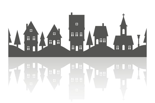 Silhouette of neighborhood houses. Small homes and buildings on skyline. Christmas town. Village on white background. Row of cottages on the street with fir trees and church. Seamless border vector