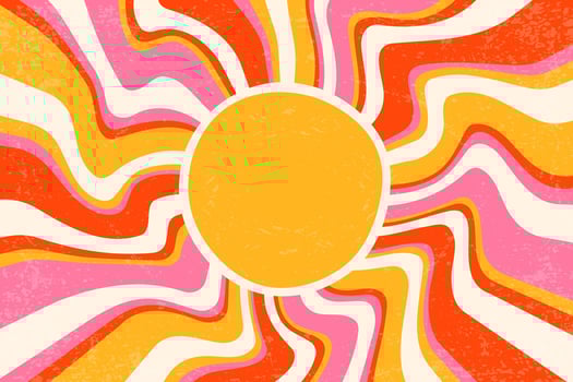 Sunrays retro background. Summer 70s abstract poster. Groovy design with grunge texture. Old paper banner with orange and pink spiral beams on pastel backdrop. vector
