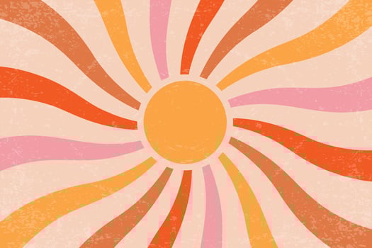 Retro sun background with radial swirl rays. Textured 70s abstract pattern. Vintage summer poster with concentric stripes of beams. Creamy pink and orange hippy wallpaper vector