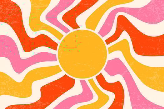 Sunrays retro background. Vintage summer 70s poster. Abstract swirl groovy design with grunge texture. Old paper banner with psychedelic orange and pink spiral beams on pastel backdrop. vector