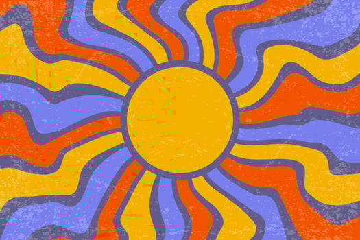 Sunrays retro background. Summer 70s poster. Abstract groovy design with grunge texture. Old paper banner with orange and purple spiral beams on dark backdrop. vector