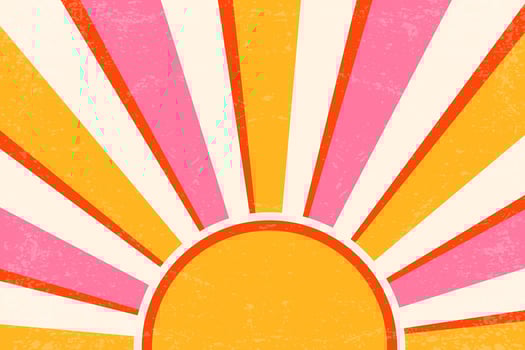 Retro sunrise background. Pattern with radial rays and grunge texture. 70s abstract vintage summer poster. Orange and pink beams on old paper backdrop vector