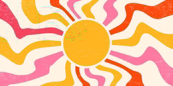 Retro background with sun and spiral rays. 70s swirl abstract sunburst summer poster with grainy texture. Psychedelic radial orange and pink stripes. Wallpaper vector