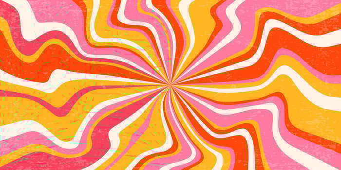 Retro background with spiral sunburst. Swirl textured radial pattern with rays. Vintage abstract wavy pink and orange striped vortex. 70s funky psychedelic disco bg. vector