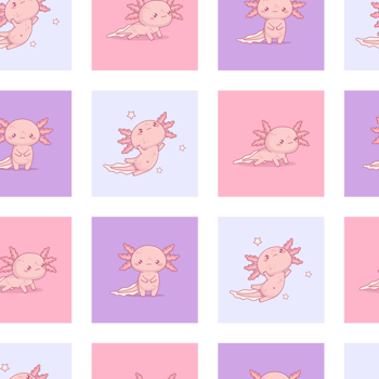 Seamless pattern with Axolotl multi-colored checkered background with little character png