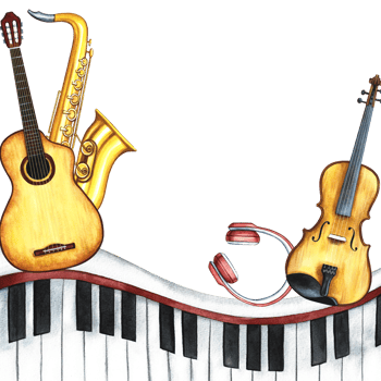 The border frame is musical with an image of a guitar, saxophone and violin, as well as piano keys. The illustration is made by hand in watercolor. For posters, flyers, invitation cards and packaging. png