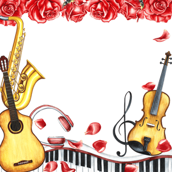 The frame is musical with an image of a guitar, saxophone and violin and piano keys. Decorated with roses. The illustration is made by hand in watercolor. For posters, flyers, invitation cards. png